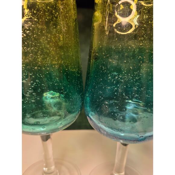 Bubble wine Goblets Three glasses 9" Tall  Ombre blue / green / yellow Mexico? - Picture 4 of 9